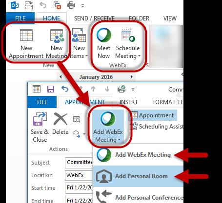 From Outlook Calendar, you can create a new appointment or meeting, and then from within that item you can Add WebEx Meeting and schedule a WebEx meeting or use your Personal Room information. 2.