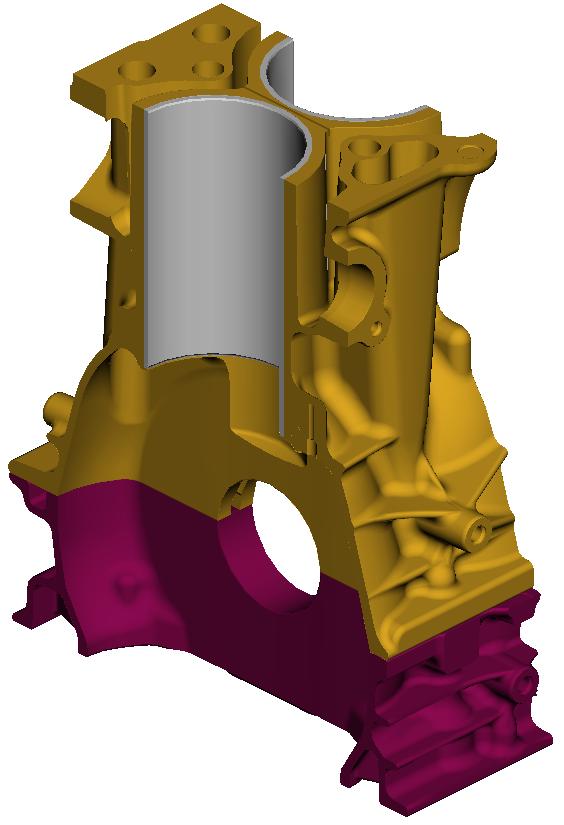 3. Trial case 1: bearing support inserts engine block it is represented by the two opposing halves of the middle cylinders, see figure 3.2 and compare with figure 3.1. This reduces the simulation time greatly.