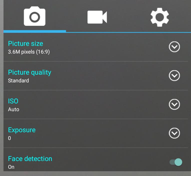 Camera Mode Menu Option Description Settings menu options Picture size Picture quality ISO Exposure Face Detection Onscreen menu option Countdown timer Set the picture size.