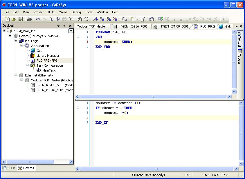 Programming with CODESYS 10.3.7 Programming (example program) The programming is done under PLC-PRG in the project tree.