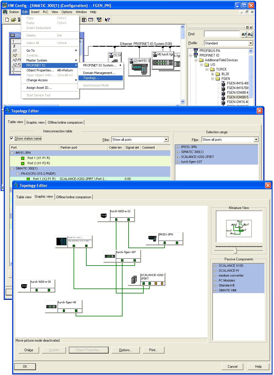 Application example: FGEN for PROFINET with a Siemens S7 Neighborhood-assignment using the Topology Editor. The assignment of neighboring devices is done either in the tabular or the graphical view.