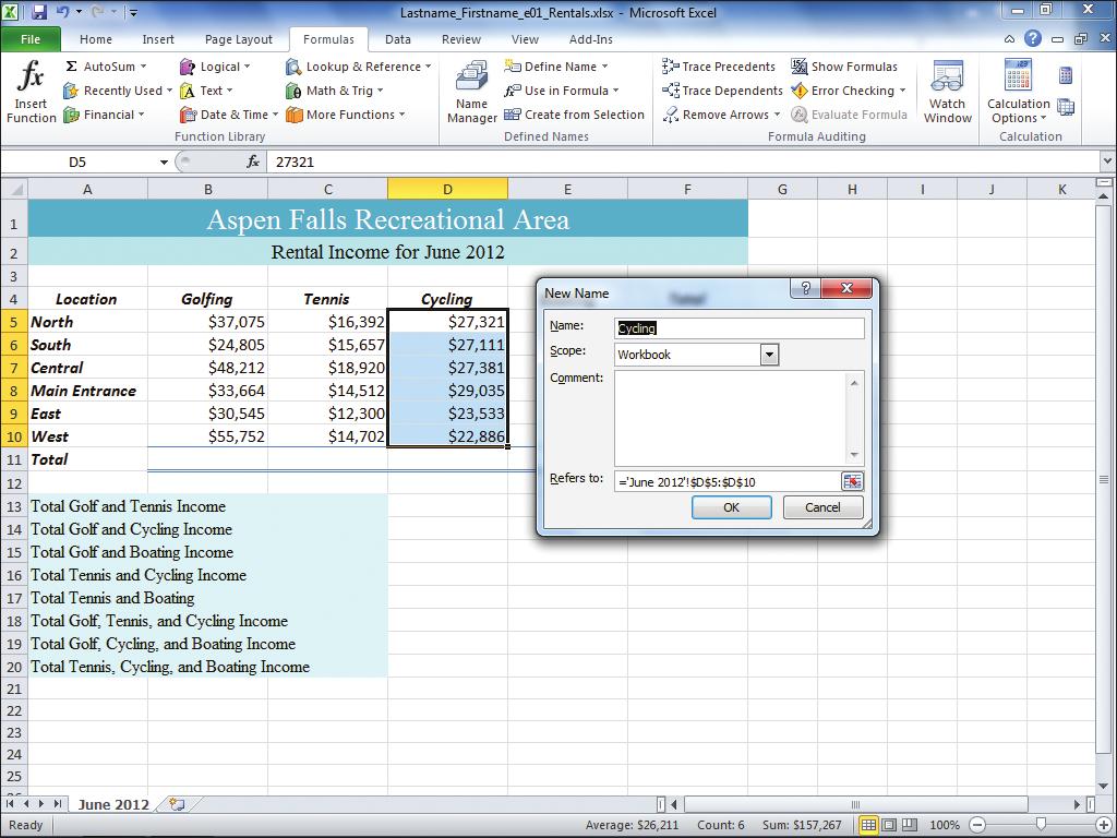 5. Select the range C4:C10, and then on the Formulas tab, in the Defined Names group, click Create from Selection. 6.