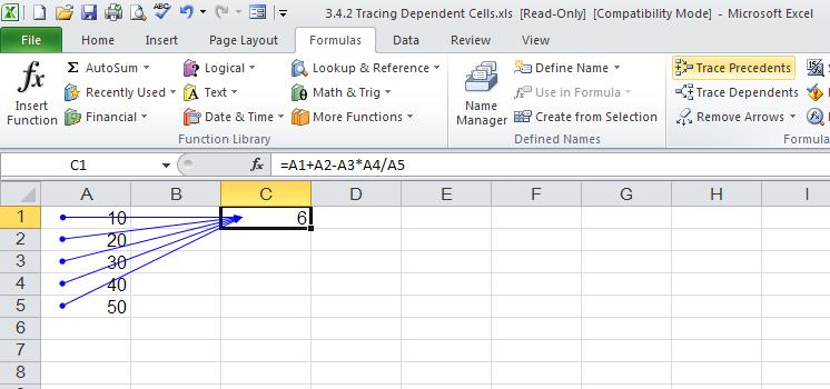 3.5.3 Tracing Precedent Cells You can also trace in the opposite direction by starting from a cell that contains a formula and tracing the cells that are referred to in the formula.