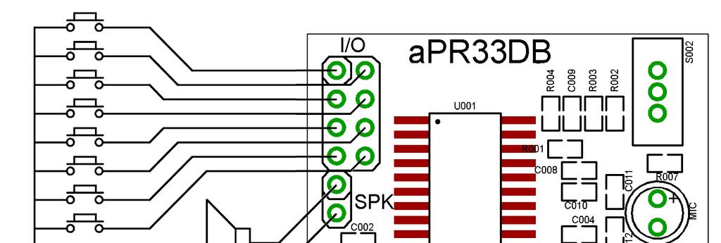 EXAMPLE The apr33db is one of the simplest solutions for achieve fixed 1/ 2/ 4/ 8 message mode demo. The circuit board already includes the peripheral circuit which containing microphone.