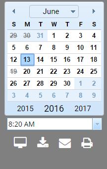 CALENDAR AND TOOLS Select photo date on the calendar Select photo time on the drop-down menu Select action icon: full-screen mode, download current photo, email current photo,