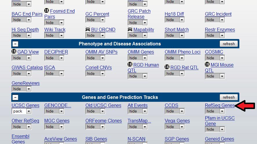 displayed. Under the Genes and Gene Prediction Tracks, click on the RefSeq Genes link.