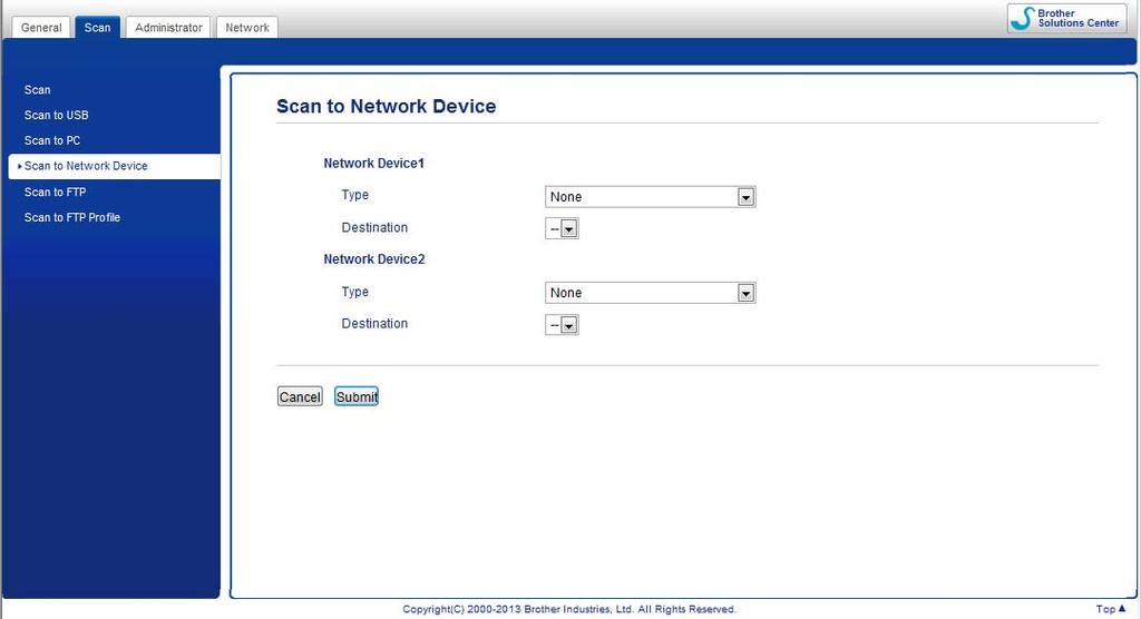 Scan Using the Control Panel 3 Click the Scan to Net Settings button. The Web Based Management window will appear.