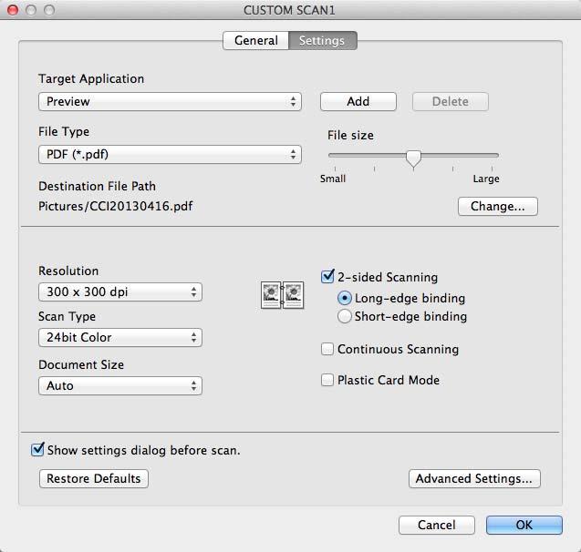 Scan Using Your Computer Settings tab (Scan to Image/OCR/ E-mail) Choose the Target Application, File Type, Resolution, Scan Type, Document Size and 2-sided Scanning settings.