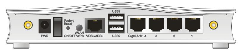 Interface PWR I / O Factory Reset WLAN ON/OFF/WPS VDSL/ADSL USB (1-2) LAN (1-4) Description Connector for a power adapter. Power switch. Restore the default settings.