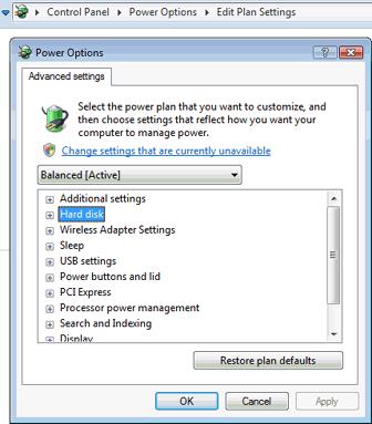 For Vista or Win7 computer systems, power options are accessed on the advanced power settings dialog: Figure 2-2: Vista and Win7 Power Management Dialog NOTE: For Vista and Windows 7, under Advanced