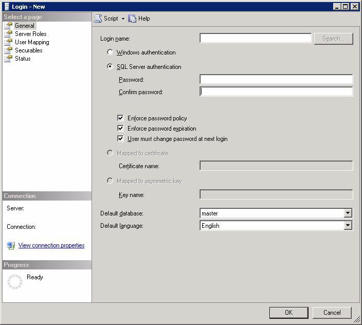 Creating System, Company, and Portal Databases 1. In SQL Management Server Studio, in the left-side Object Explorer panel, expand the Security folder. 2.