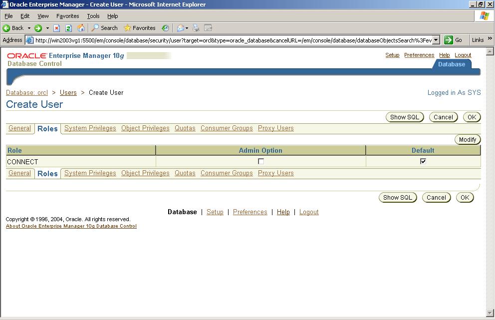 Creating System, Company, and Portal Databases The Create User page appears: 4. Select the Roles tab, and then click Modify. The Modify Roles page appears: 5.
