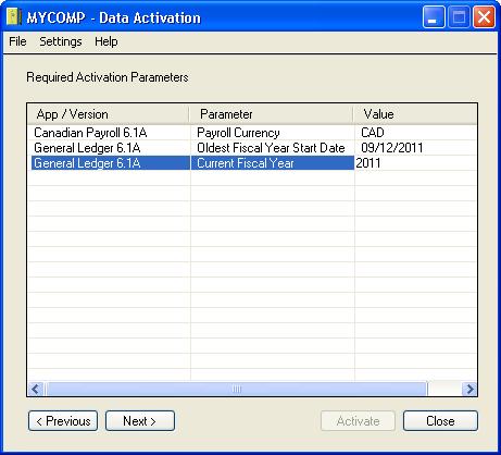 Activating Your Data The following form appears, showing the settings that will be used for any options that are required to activate a program: If you want to change any