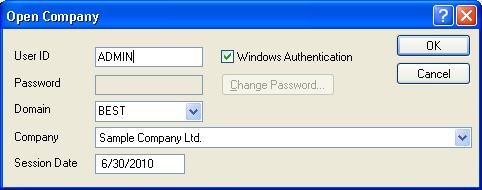 ) If the Sage 300 ERP authentication method is assigned to all users, the Open Company dialog box displays the Windows Authentication check box, but it is not available to any users, including the