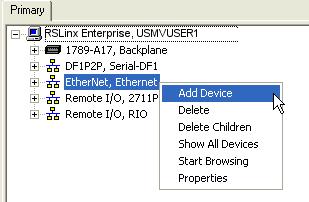 Chapter 6 Create a configuration Automatically add a device by browsing The list of potential device targets for RSLinx Enterprise can be gathered during online browsing.