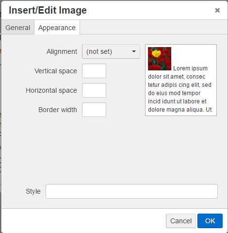 The following Appearance settings can be configured: Alignment: Sets the alignment of the image against the text.