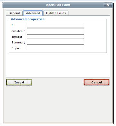 Advanced Tab The Advanced tab presents further options for editing forms with the Insert/Edit Form tool within the WYSIWYG Editor.
