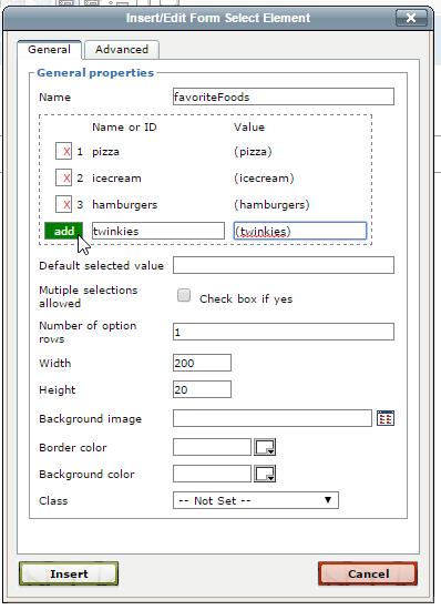 Add a Drop-Down List To create a drop-down list: 1. Click the Insert/Edit Select Element icon. The following modal is displayed. 2. Click the green add button to enter selection options.