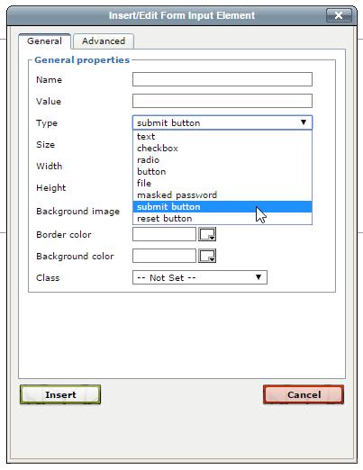Create a Submit Button To create a submit button: 1. Click the Insert/Edit Form Input Element icon. 2. This will open the Insert/Edit Form Input Element modal.