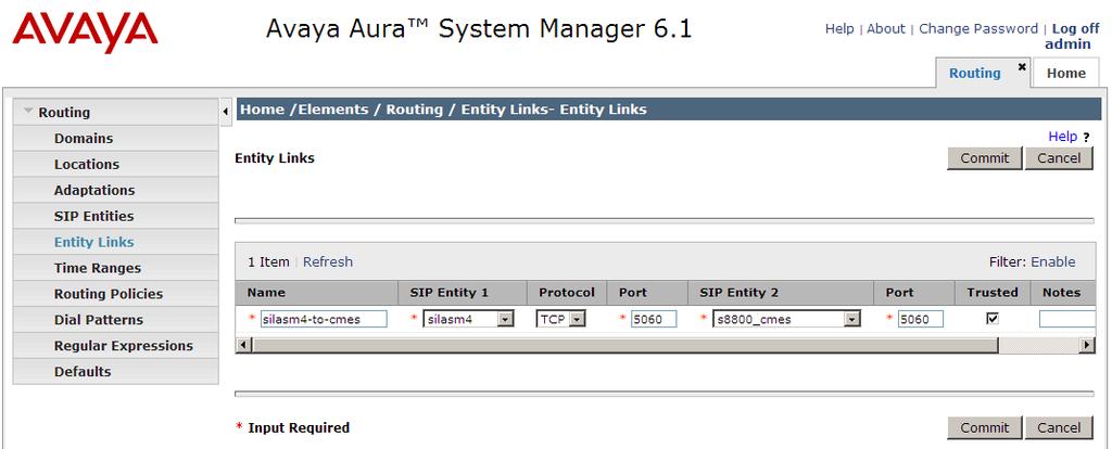 3.3.2. Define Entity Links for Avaya Aura Communication Manager Evolution Server The following screen shows the Entity Link defined for Avaya Aura Communication Manager Evolution Server. 3.3.3.