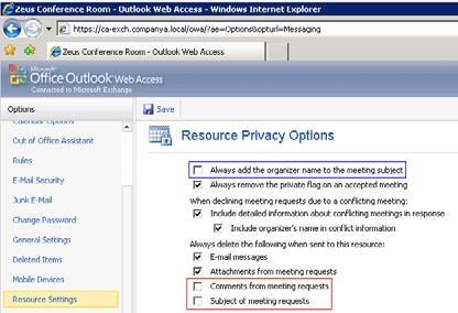 3 Select Resource Settings from the Options bar and scroll to Resource Privacy Options, shown next.