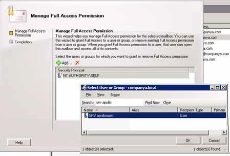 3 In the Manage Full Access Permission dialog, click Add and add the Active Directory service account to the list.