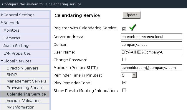 Figure 14 shows an example of Option 2: Use a Service Account with a Room Mailbox. In this example, the apolloroom mailbox and the SRV-apolloroom service account is integrated in an HDX system.