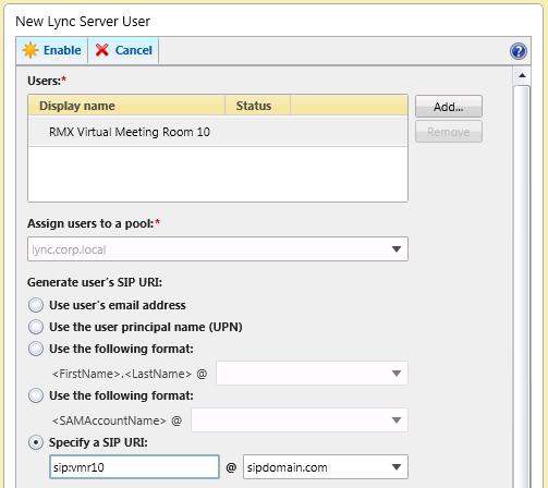 Under Generate user SIP URI, select the Specify a SIP URI option, as shown next. 9 Click Enable. The selected user appears as enabled in the User Search pane.
