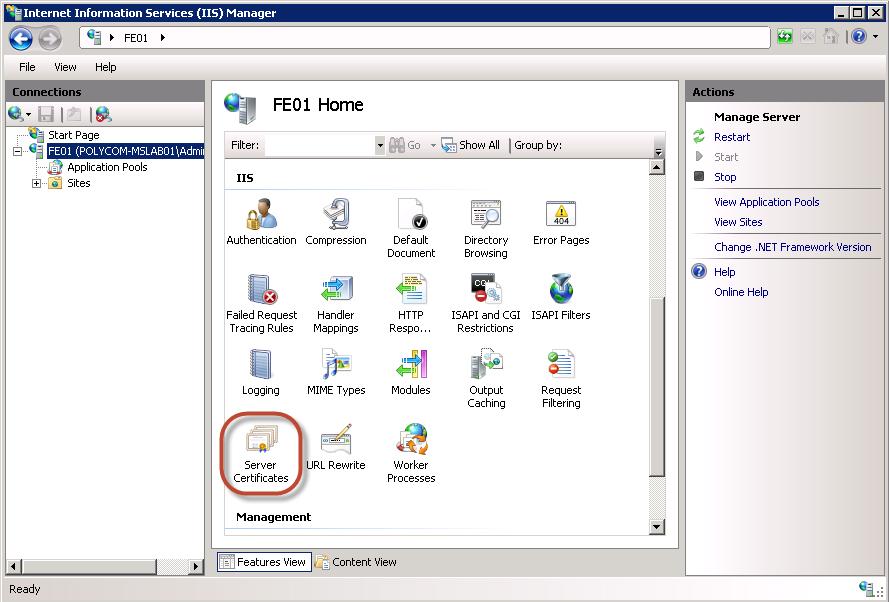 3 In the Features View, double-click Server Certificates under IIS, shown next.