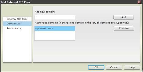 2 Select Domain List, shown next. 3 Enter the name of the SIP domain and click Add. For example, sipdomain.com.