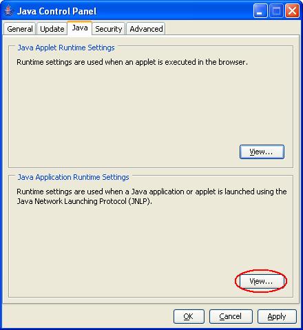 Figure 9: Java Control Panel 3. Click View... in the Java Application Runtime Settings section (Figure 9). The Java Runtime Environment Settings screen appears. (Figure 10).