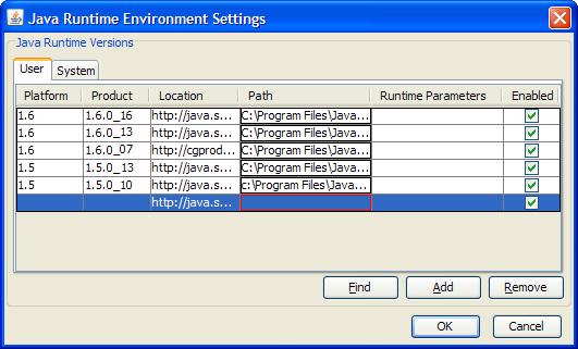 Figure 11: Java Runtime Settings Screen with Blank Entry 6.