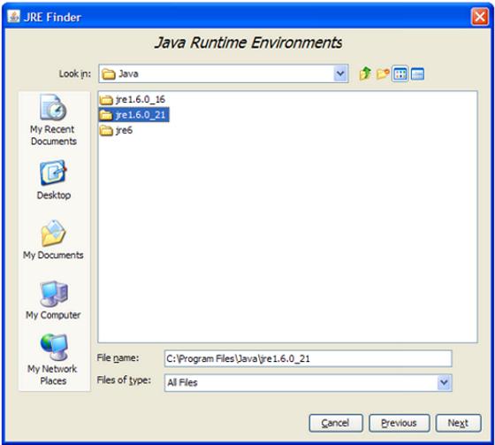 Figure 13: JRE Finder - Locate JRE Version 1.6.0_23 Note: Your system may use a different file path.