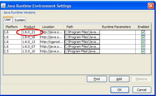 Figure 15: Java Runtime Environment Settings 11. Click OK to close the Java Runtime Environment Settings screen. 12. Click OK to close the Java Control Panel.