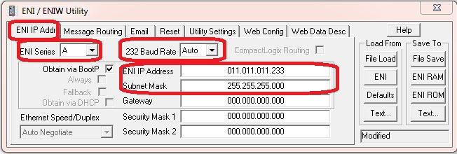 STEP #9 Select the "ENI IP Addr" tab. Next, set the 232 Baud Rate to "Auto." Set the IP address of the 1761-NET-ENI. Ensure the ENI series is correct.