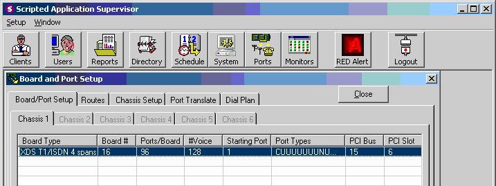 5.2. Verify XDS T1/ISDN Board Settings In the subsequent Scripted Application Supervisor screen, select Ports from the top menu. The Board and Port Setup screen is displayed.