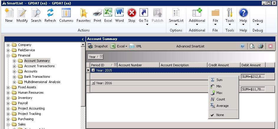 Double clicking on a grid row item will bring up the appropriate Go To Microsoft Dynamics GP window for the corresponding information.