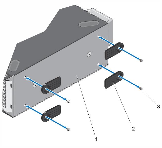 Figure 12. Removing and Installing the System Feet 1. base of the tower 2. system feet (4) 3. screws (4) Installing The System Feet 1. Lay the system on its side on a flat, stable surface. 2. Secure the system feet to the base of the tower using the screws.