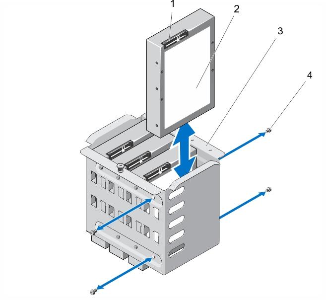 Figure 27. Removing and Installing a Cabled Hard Drive 1. hard drive connector 2. hard drive 3. internal hard-drive bay 4.