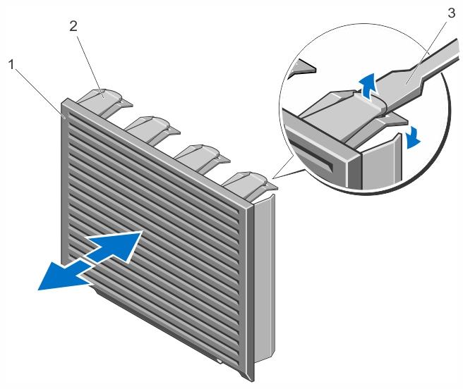 Figure 34. Installing and Removing the Four-Slot Hard-Drive Blank 1. four-slot hard-drive blank 2. release tab 3. screwdriver Installing A Four-Slot Hard-Drive Blank 1.