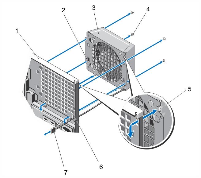 Figure 41. Removing and Installing the External Cooling Fan 1. back of the system chassis 2. lower hooks (2) 3. external cooling fan 4. screws (4) 5. upper hook 6.