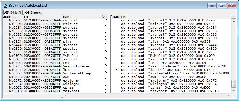When configuring the RTOS Debugger for Windows Standard with the TASK.CONFIG command, it automatically sets the autoloader: Format: symbol.autoload.checkwindows "<action>" <action>: action to take for symbol load, e.