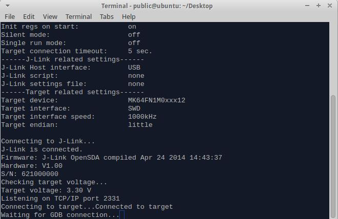 Figure 9: J-Link GDB Server on Linux OS 5. Open a Windows operating system command interpreter (cmd.exe) in Linux OS open bash and change the directory to the output directory of the desired demo.