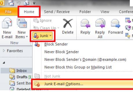 For Outlook 2010 or 2013: Click Home > Junk > Junk E-mail Options 4.