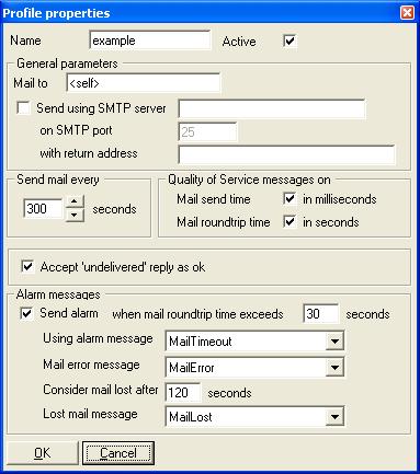 Profiles Properties The profile properties describe to whom the test mail should be sent, the interval between each test message, and also the alarm- and QoS properties.