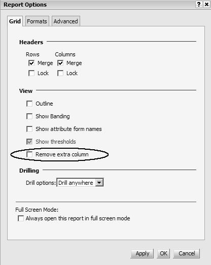 In the Report Options window, on the Grid tab, under View, enable the Remove extra column check