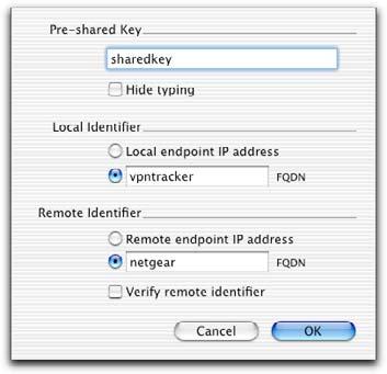 3. Connecting a VPN Tracker Host to a NETGEAR VPN Firewall using PSK Figure 7: VPN Tracker - Authentication dialog Step 3 Save the connection and Click Start IPsec in the VPN Tracker main window.
