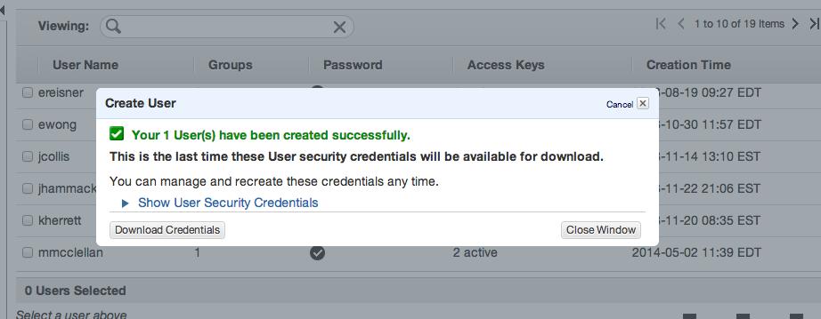 6. In the Create User dialog, click on Download Credentials.