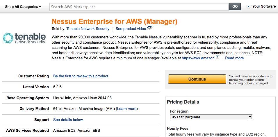 Marketplace and select the Nessus Enterprise for AWS (Manager).