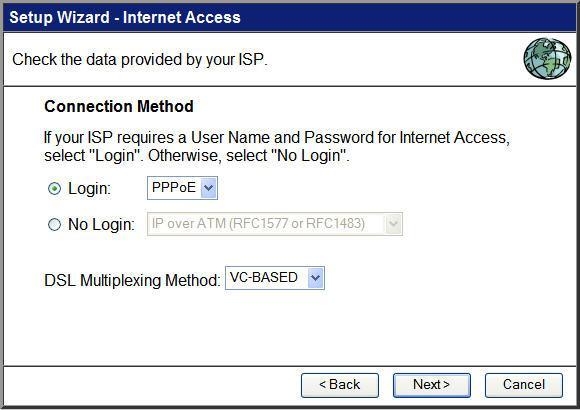 Figure 7: Setup Wizard - Internet Access 4. On the Internet Access Screen, shown above, select the correct connection type, as used by your ISP.